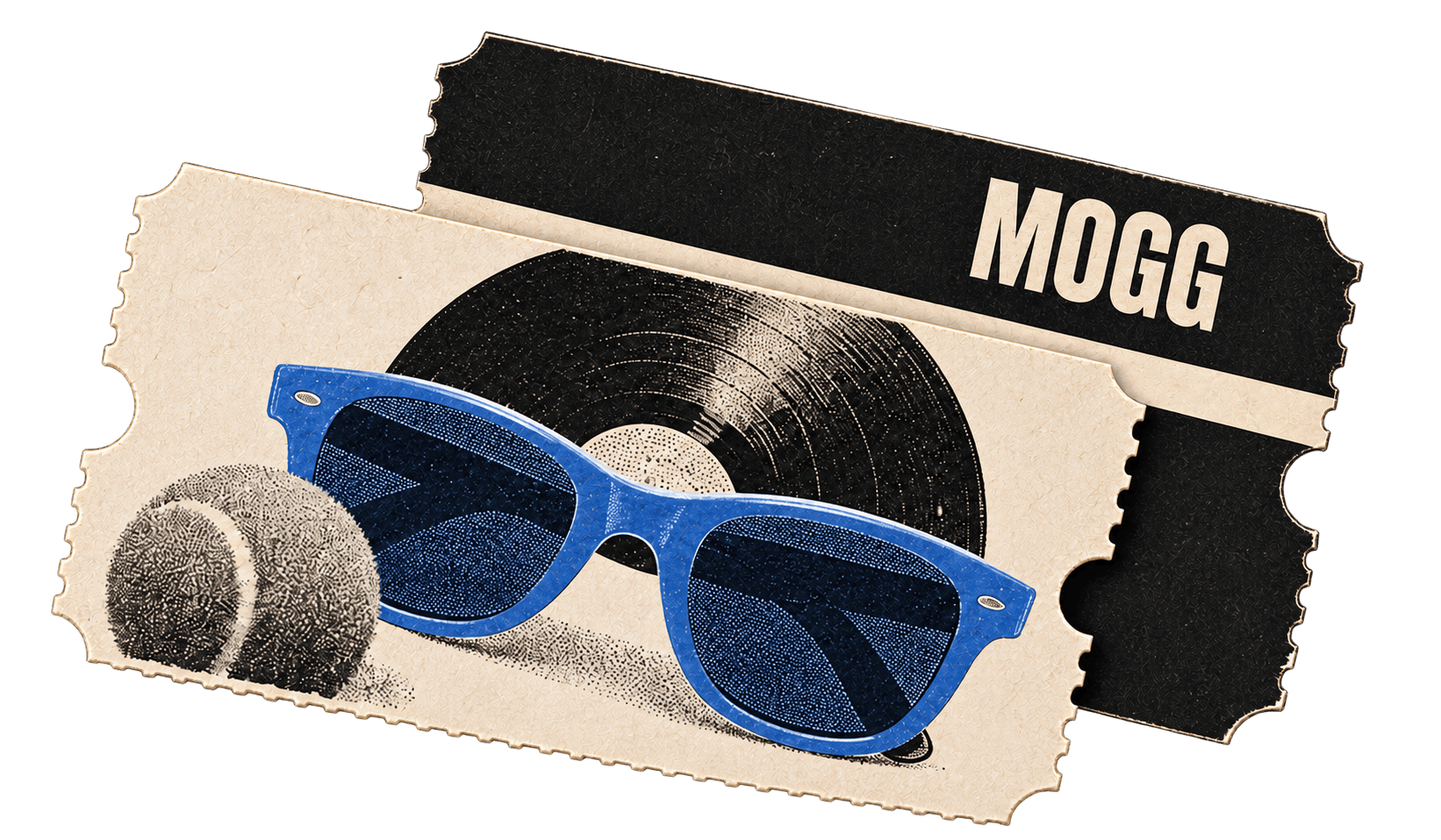 MOGG Combo tickets with blue sunglasses, a record and tennis balls